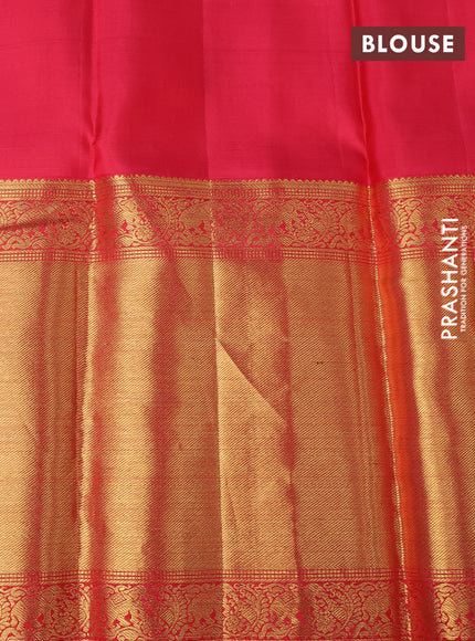 Pure kanchipuram silk saree yellow and pink with allover silver zari weaves and long rich zari woven border