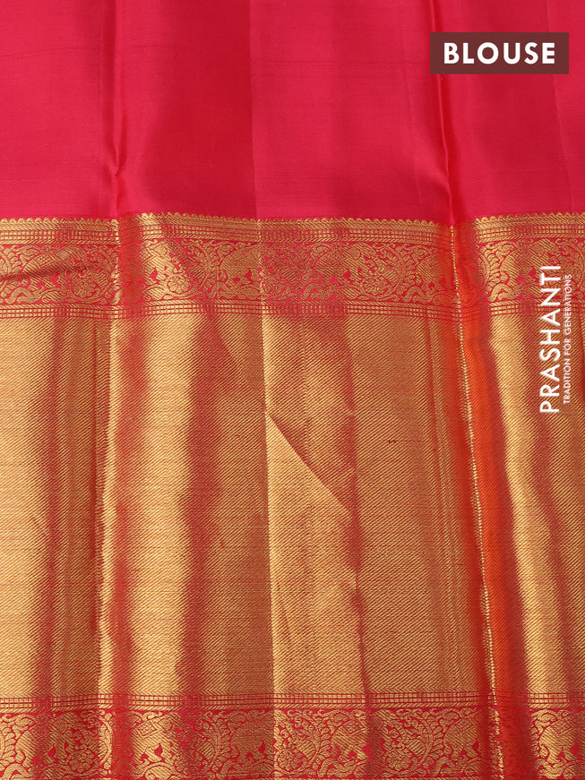 Pure kanchipuram silk saree yellow and pink with allover silver zari weaves and long rich zari woven border