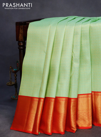 Pure kanchipuram silk saree pista green and red with allover zari checks & butta brocade weaves and zari woven border border