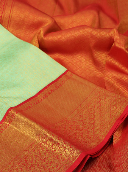 Pure kanchipuram silk saree pista green and red with allover zari checks & butta brocade weaves and zari woven border border