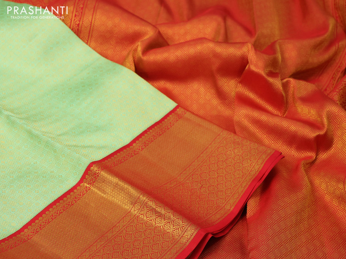 Pure kanchipuram silk saree pista green and red with allover zari checks & butta brocade weaves and zari woven border border