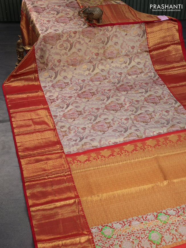 Pure kanchipuram tissue silk saree gold and red with allover thread & zari woven brocade weaves and long rich zari woven border