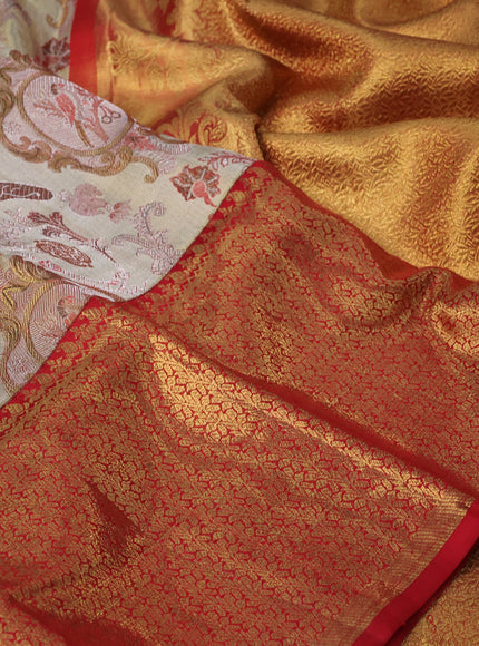 Pure kanchipuram tissue silk saree gold and red with allover thread & zari woven brocade weaves and long rich zari woven border