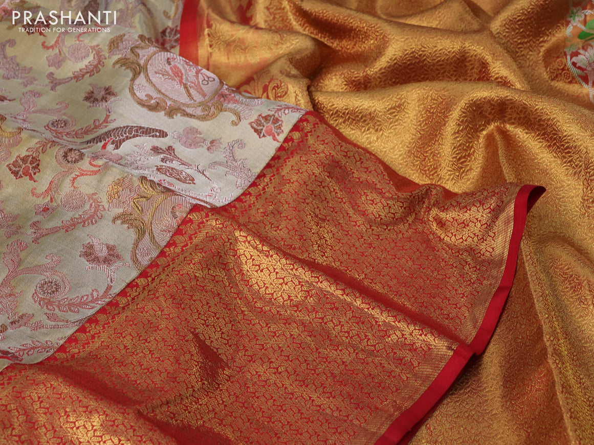 Pure kanchipuram tissue silk saree gold and red with allover thread & zari woven brocade weaves and long rich zari woven border