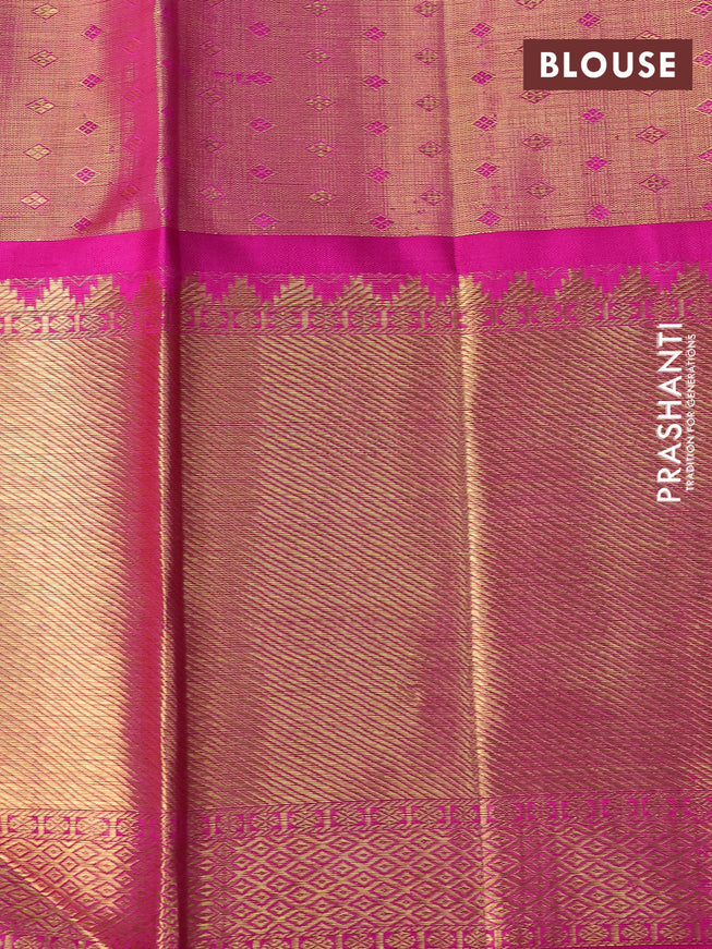 Pure kanchipuram silk saree dual shade of green and pink with allover zari woven floral brocade weaves and long zari woven korvai border