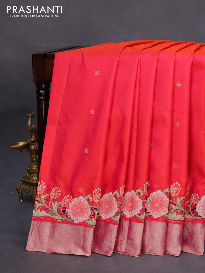 Pure kanchipuram silk saree dual shade of pinkish orange with zari woven buttas and embroidery cut work zari border