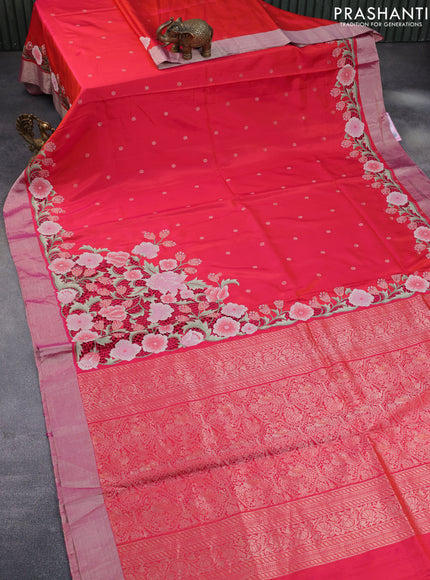 Pure kanchipuram silk saree dual shade of pinkish orange with zari woven buttas and embroidery cut work zari border