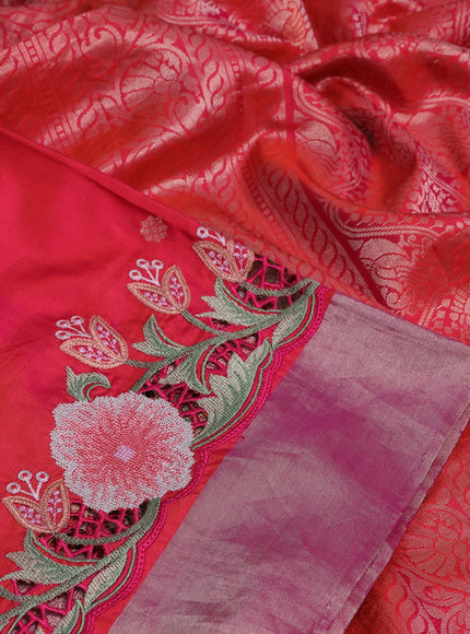 Pure kanchipuram silk saree dual shade of pinkish orange with zari woven buttas and embroidery cut work zari border