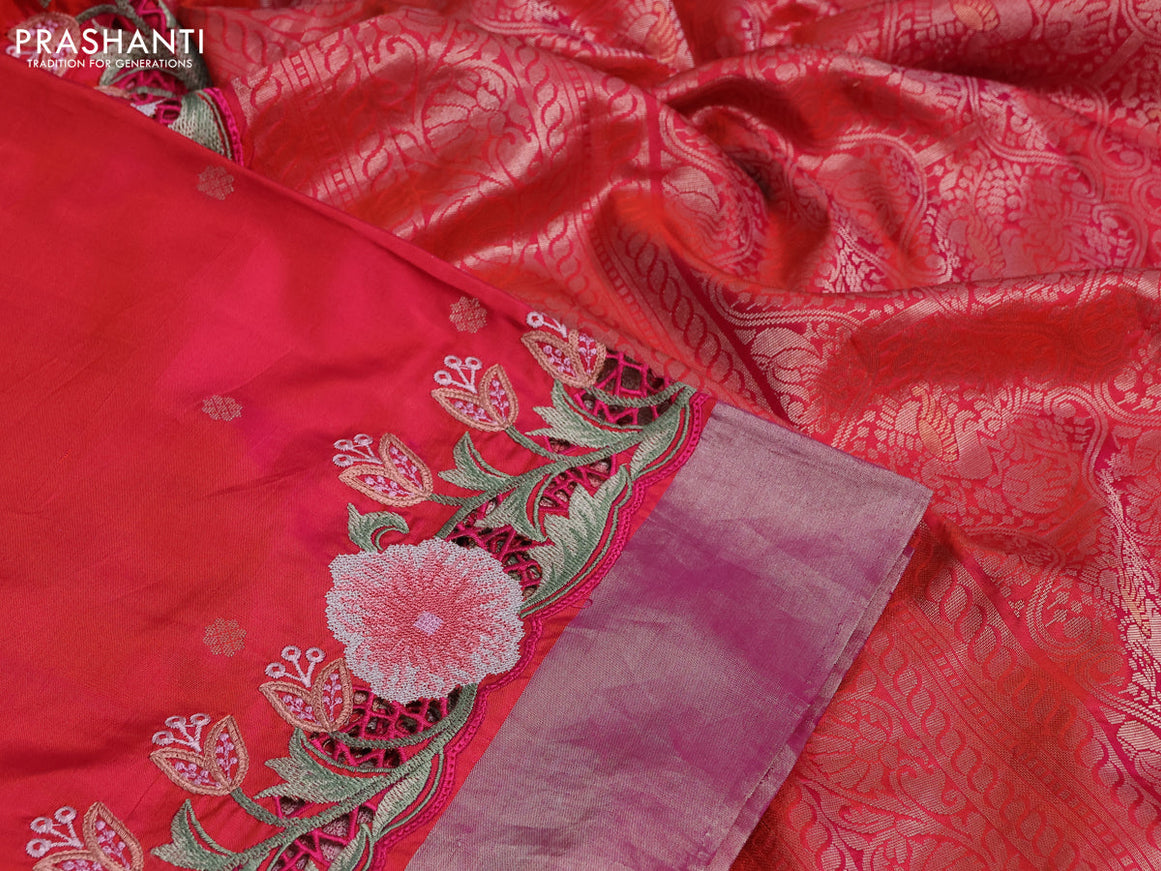 Pure kanchipuram silk saree dual shade of pinkish orange with zari woven buttas and embroidery cut work zari border