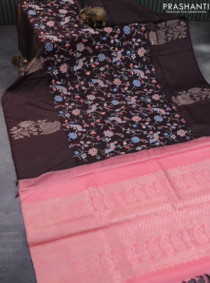 Pure kanchipuram silk saree coffee brown and peach pink with allover embroidery work and long zari woven border