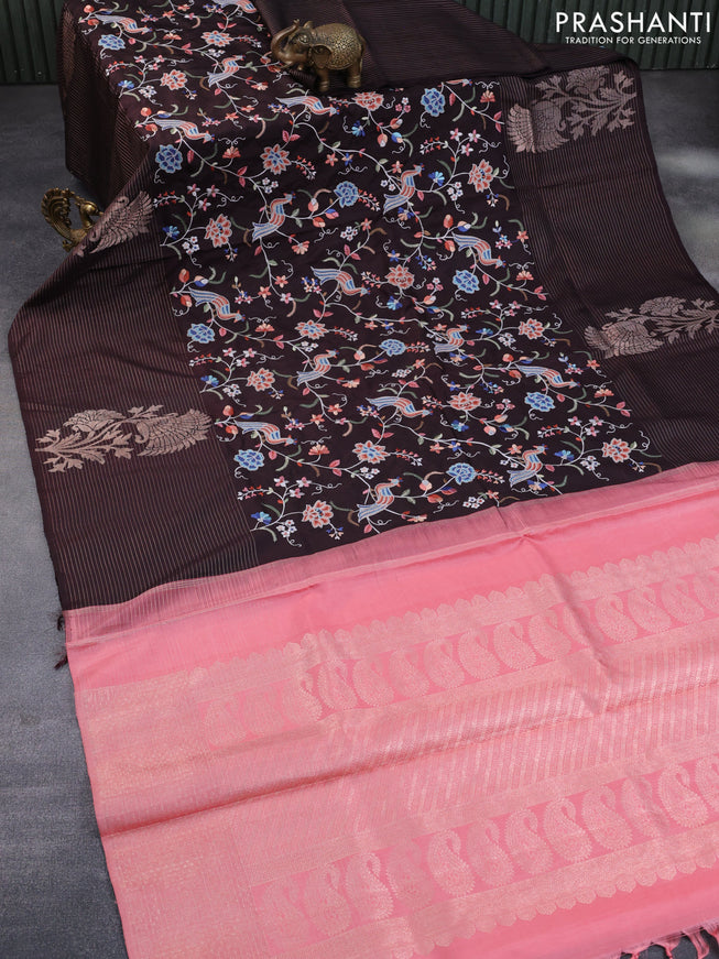 Pure kanchipuram silk saree coffee brown and peach pink with allover embroidery work and long zari woven border