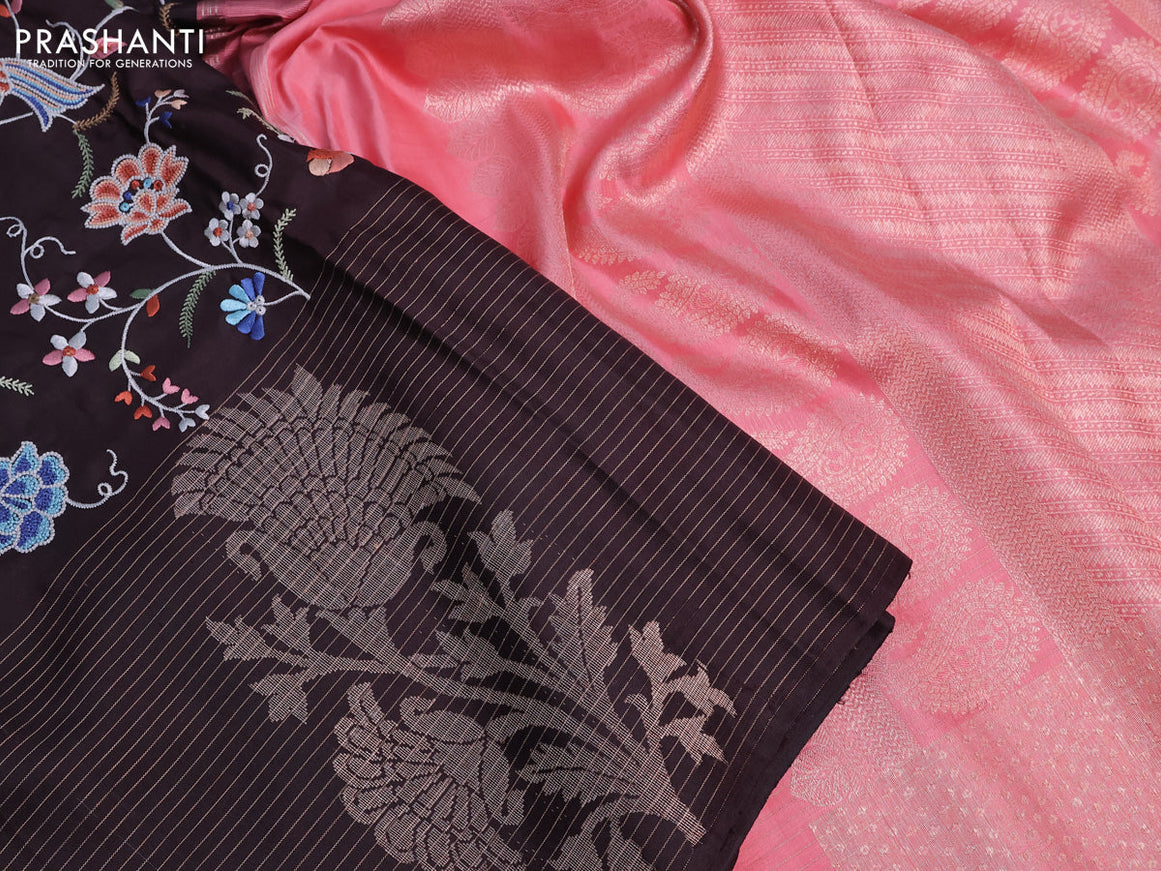 Pure kanchipuram silk saree coffee brown and peach pink with allover embroidery work and long zari woven border