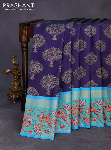 Pure kanchipuram silk saree dark blue and teal blue with thread woven buttas and zari woven embroidery work border