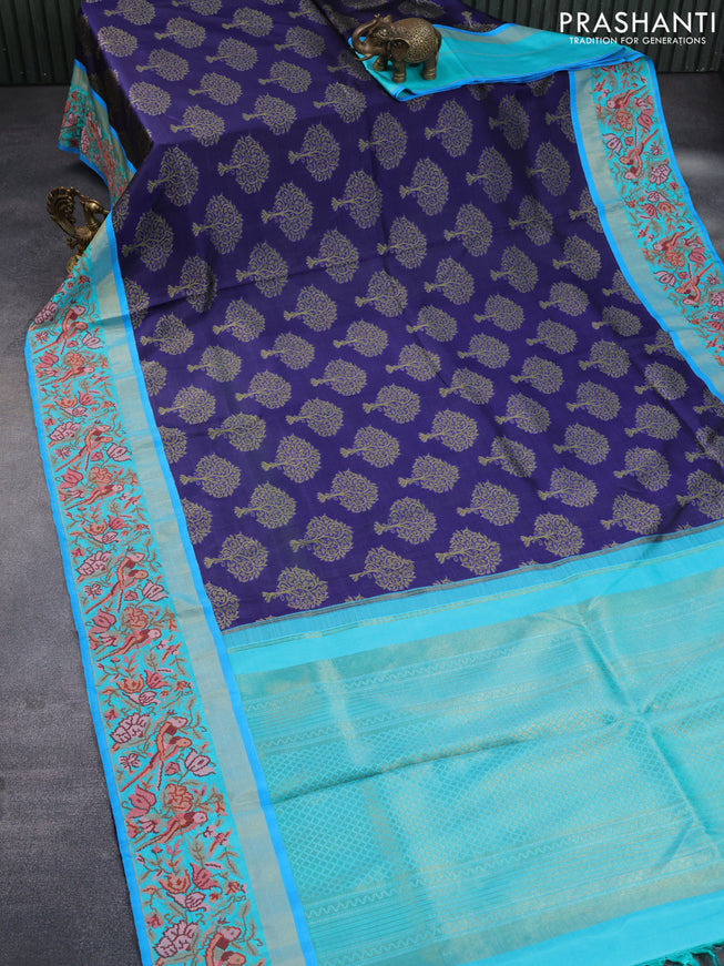 Pure kanchipuram silk saree dark blue and teal blue with thread woven buttas and zari woven embroidery work border