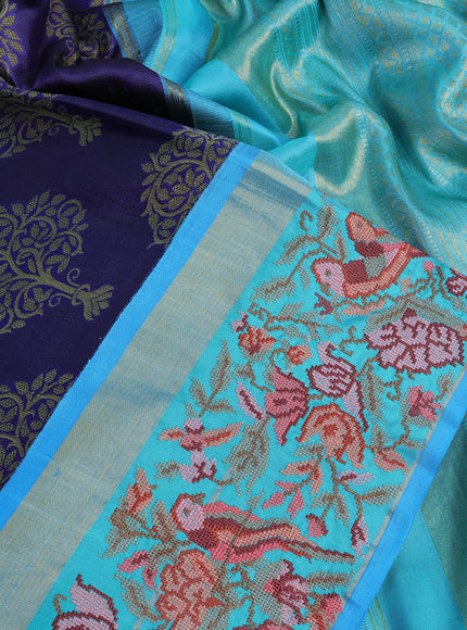 Pure kanchipuram silk saree dark blue and teal blue with thread woven buttas and zari woven embroidery work border