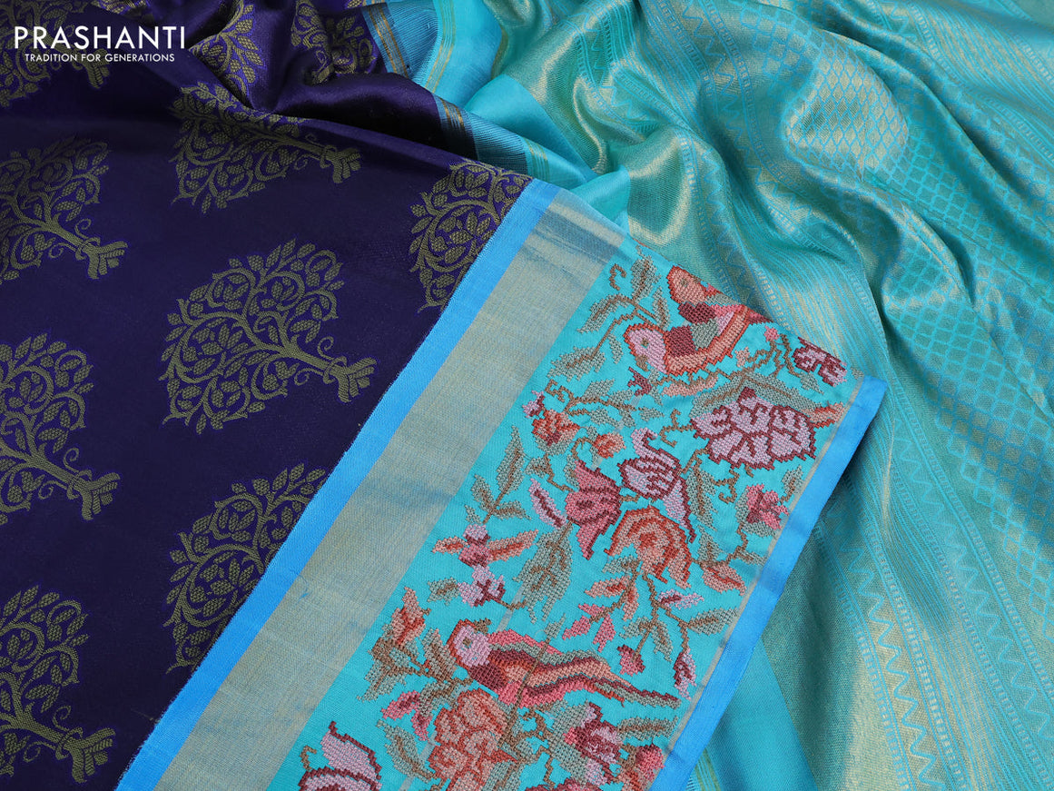 Pure kanchipuram silk saree dark blue and teal blue with thread woven buttas and zari woven embroidery work border