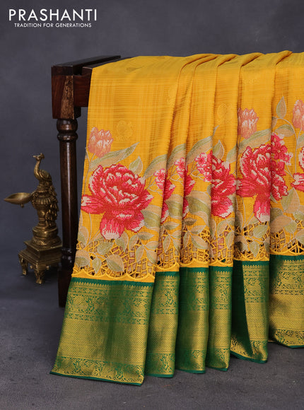 Pure kanchipuram silk saree mustard yellow and green with allover annam zari weaves and embroidery cut work zari border