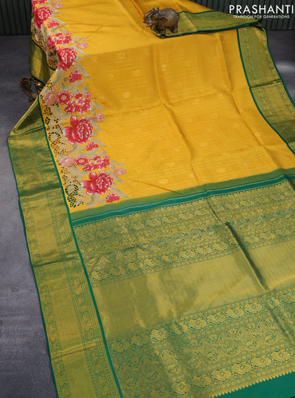 Pure kanchipuram silk saree mustard yellow and green with allover annam zari weaves and embroidery cut work zari border