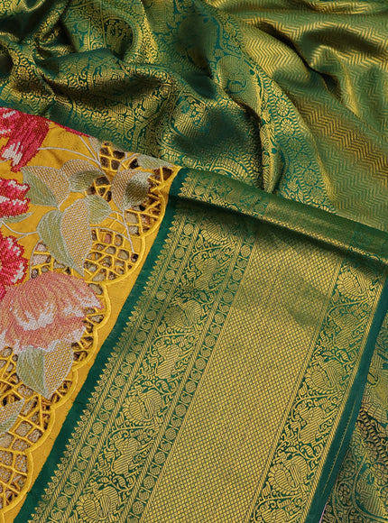 Pure kanchipuram silk saree mustard yellow and green with allover annam zari weaves and embroidery cut work zari border