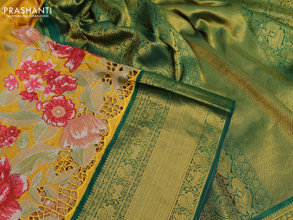 Pure kanchipuram silk saree mustard yellow and green with allover annam zari weaves and embroidery cut work zari border