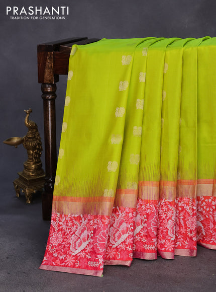 Pure kanchipuram silk saree lime green and dual shade of pink with annam zari woven buttas and embroidery work zari border