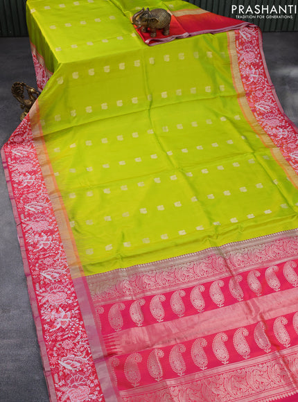 Pure kanchipuram silk saree lime green and dual shade of pink with annam zari woven buttas and embroidery work zari border