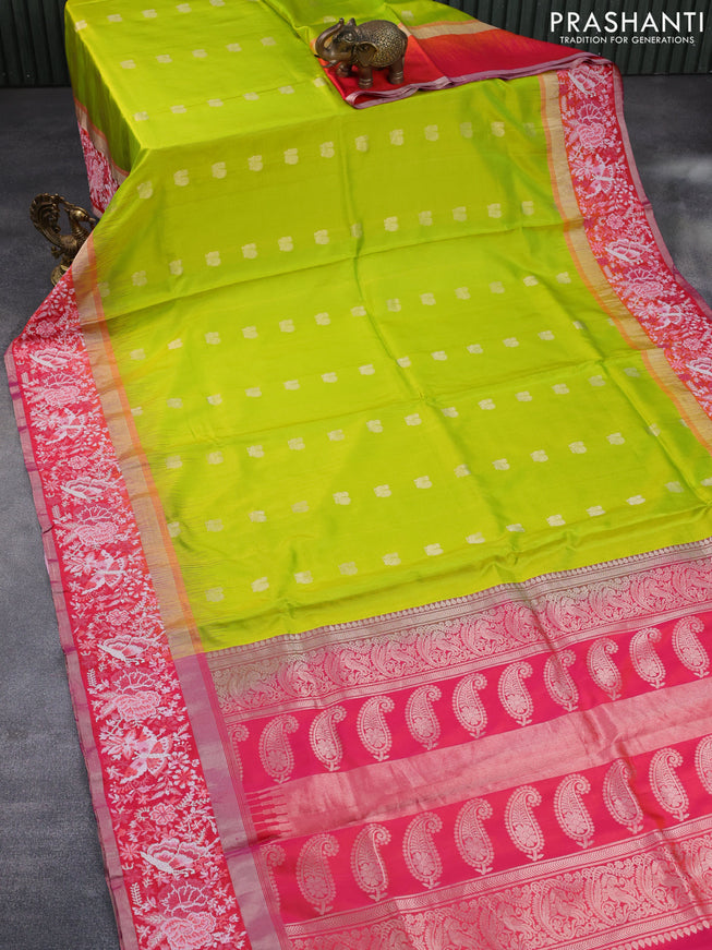 Pure kanchipuram silk saree lime green and dual shade of pink with annam zari woven buttas and embroidery work zari border