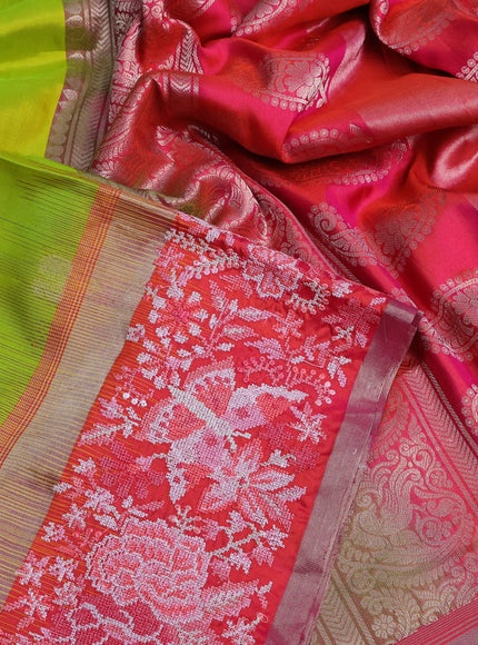 Pure kanchipuram silk saree lime green and dual shade of pink with annam zari woven buttas and embroidery work zari border