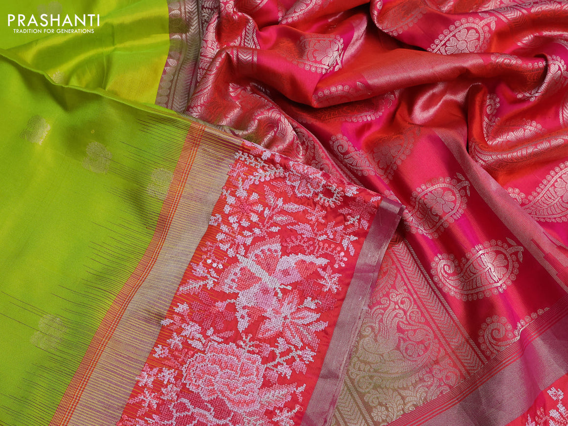 Pure kanchipuram silk saree lime green and dual shade of pink with annam zari woven buttas and embroidery work zari border