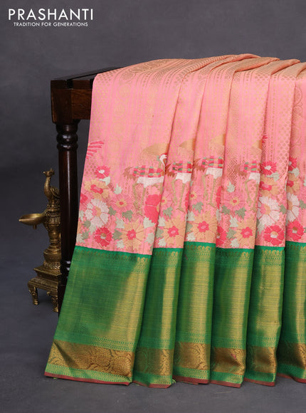 Pure kanchipuram silk saree peach pink and green with allover zari weaves and embroidery work long zari border