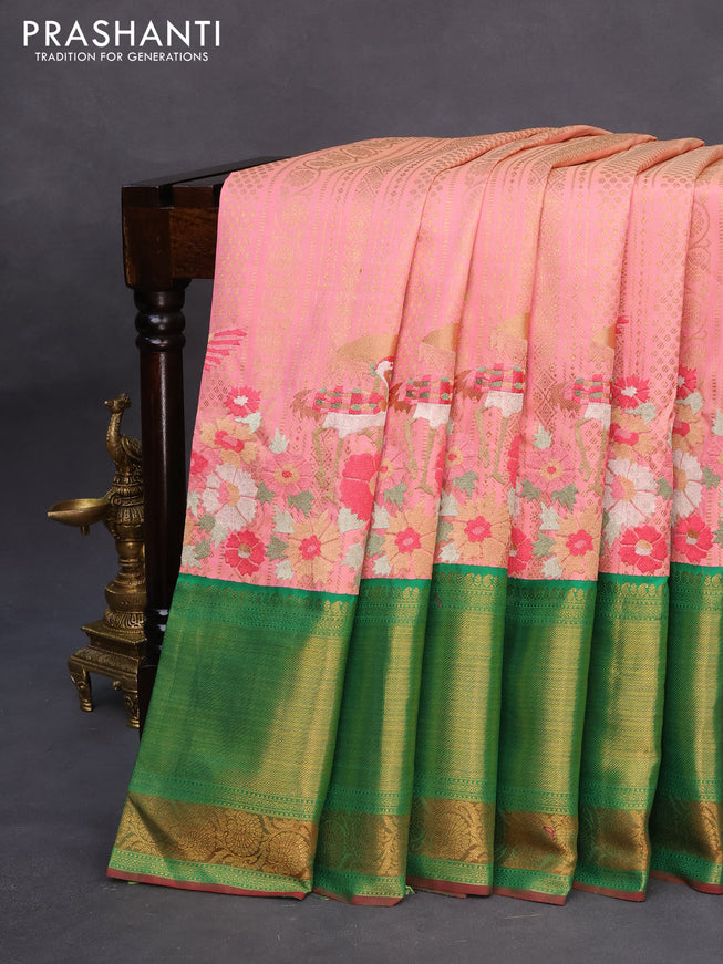 Pure kanchipuram silk saree peach pink and green with allover zari weaves and embroidery work long zari border