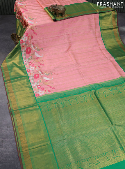 Pure kanchipuram silk saree peach pink and green with allover zari weaves and embroidery work long zari border