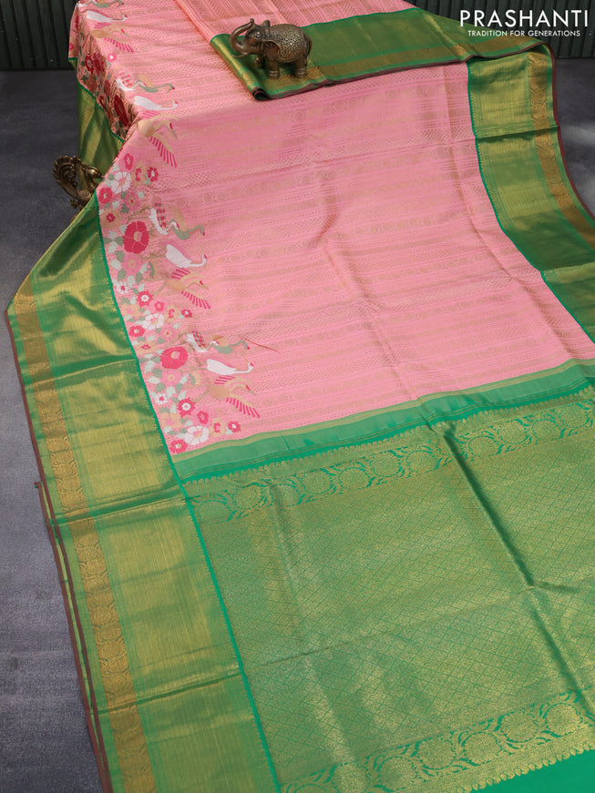 Pure kanchipuram silk saree peach pink and green with allover zari weaves and embroidery work long zari border