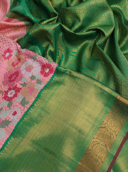 Pure kanchipuram silk saree peach pink and green with allover zari weaves and embroidery work long zari border