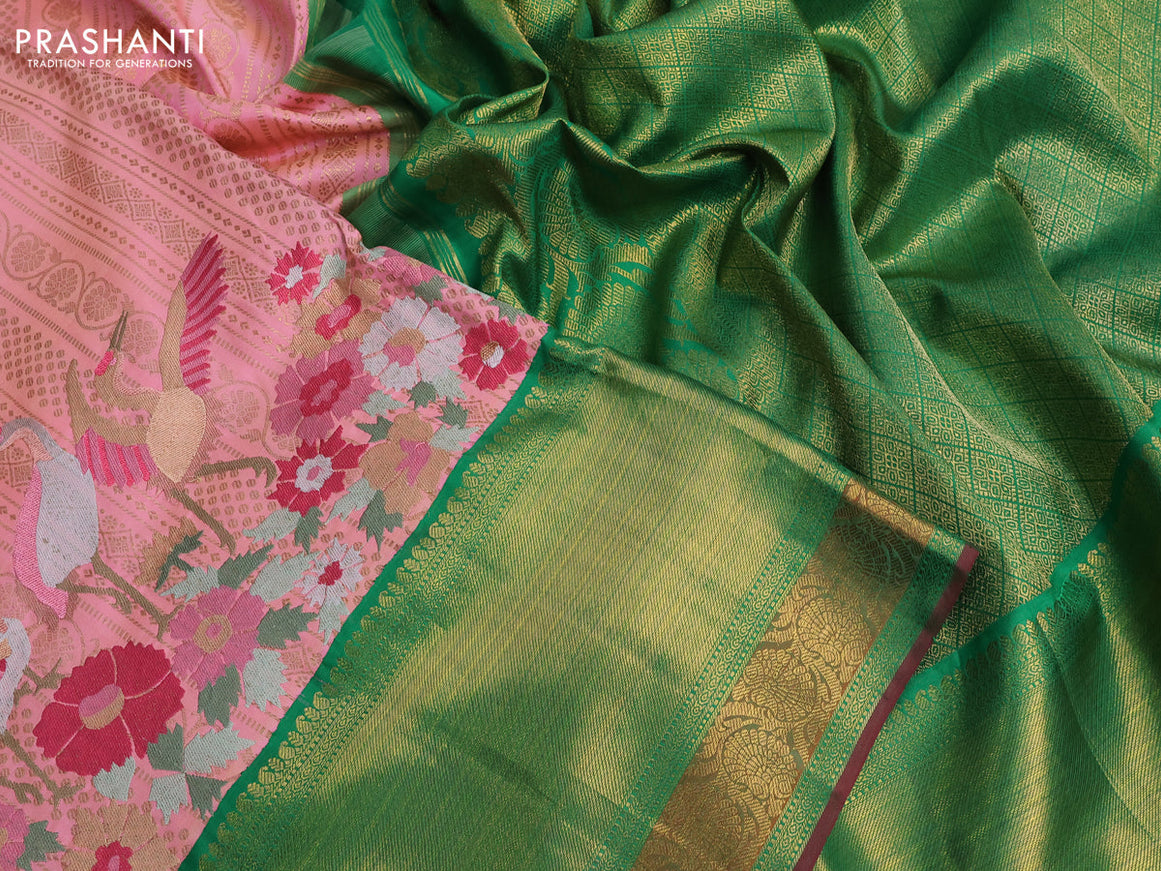 Pure kanchipuram silk saree peach pink and green with allover zari weaves and embroidery work long zari border