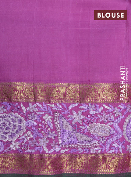 Pure kanchipuram silk saree cream and lavender shade with allover zari checked pattern and embroidery work zari border