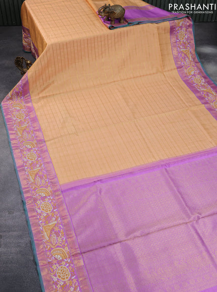 Pure kanchipuram silk saree sandal and lavender shade with allover zari checked pattern and embroidery work zari border