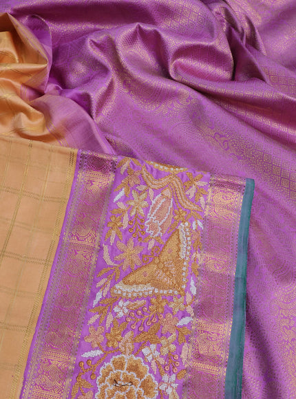 Pure kanchipuram silk saree sandal and lavender shade with allover zari checked pattern and embroidery work zari border