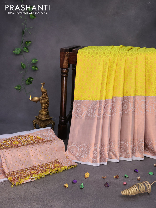 Pure kanchipuram silk saree lime yellow and pastel grey with allover zari woven brocade weaves and long copper zari woven border & embroidery work blouse