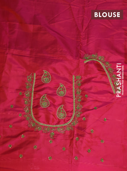 Pure kanchipuram silk saree light green and dual shade of pinkish orange with allover zari woven buttas and long zari woven border & embroidery work blouse