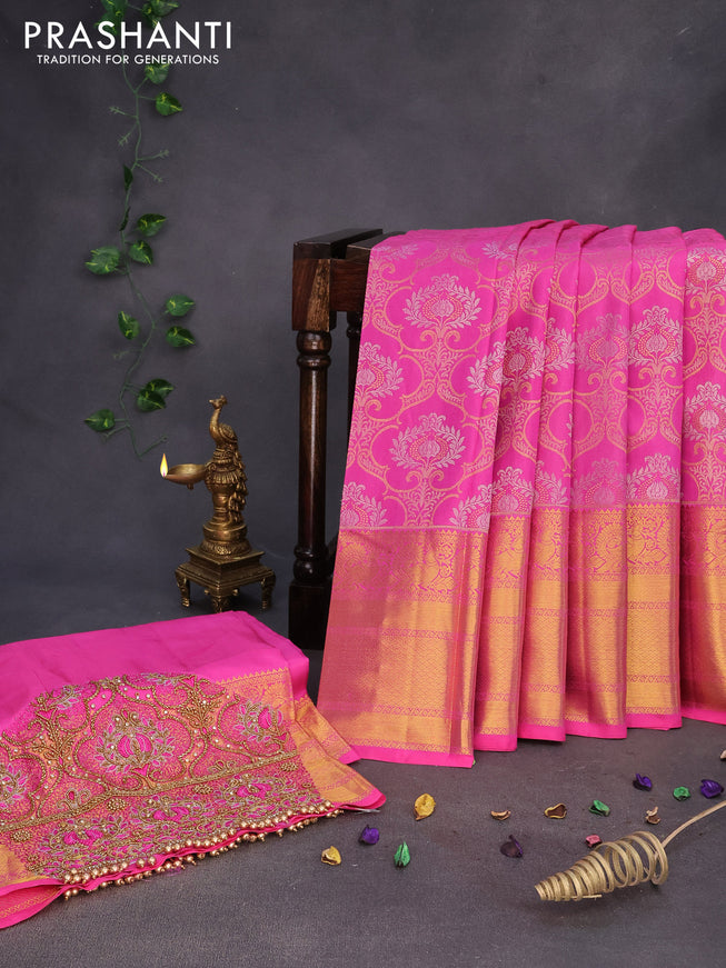 Pure kanchipuram silk saree pink with allover zari woven brocade weaves and long annam zari woven border & embroidery work blouse