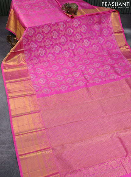 Pure kanchipuram silk saree pink with allover zari woven brocade weaves and long annam zari woven border & embroidery work blouse