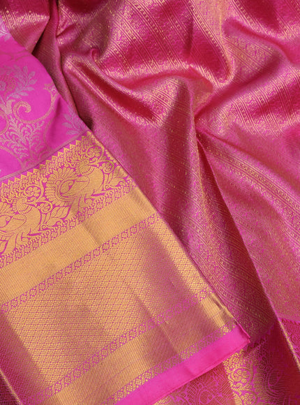 Pure kanchipuram silk saree pink with allover zari woven brocade weaves and long annam zari woven border & embroidery work blouse