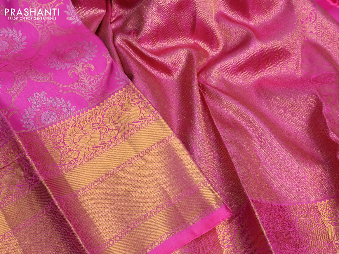 Pure kanchipuram silk saree pink with allover zari woven brocade weaves and long annam zari woven border & embroidery work blouse