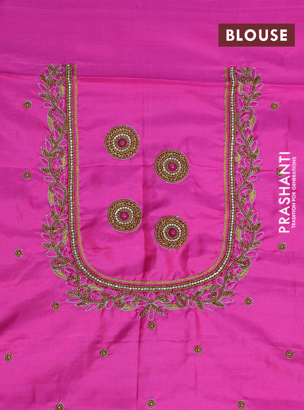 Pure kanchipuram silk saree pink with allover zari woven brocade weaves and long annam zari woven border & embroidery work blouse