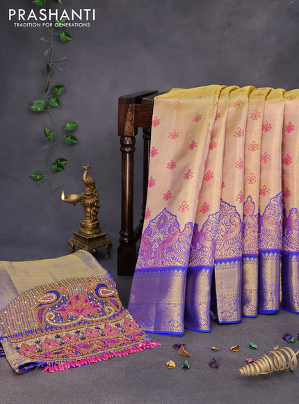 Pure kanchipuram tissue silk saree gold and blue with allover zari woven brocade weaves and rich zari woven border & embroidery work blouse