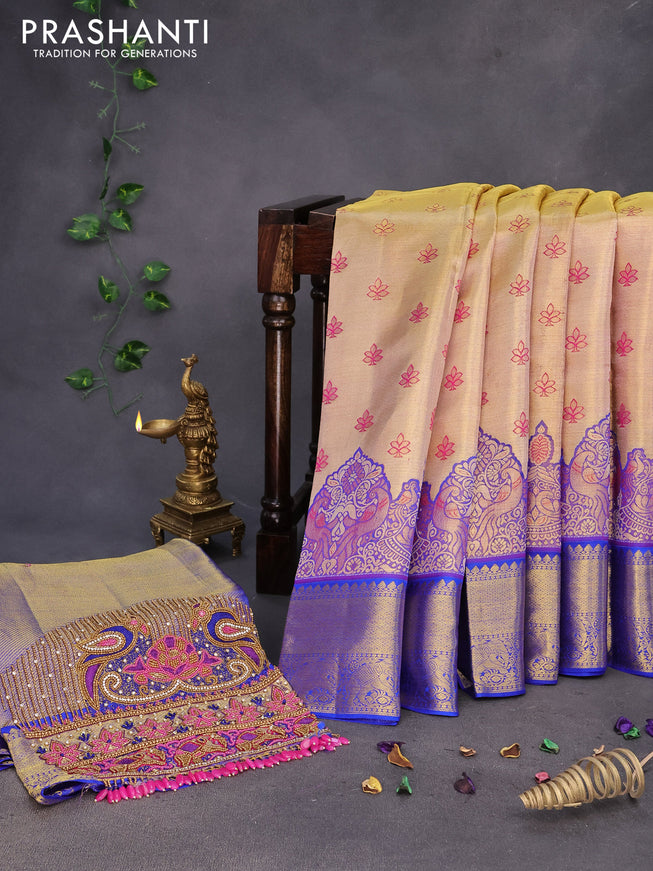 Pure kanchipuram tissue silk saree gold and blue with allover zari woven brocade weaves and rich zari woven border & embroidery work blouse