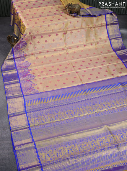 Pure kanchipuram tissue silk saree gold and blue with allover zari woven brocade weaves and rich zari woven border & embroidery work blouse