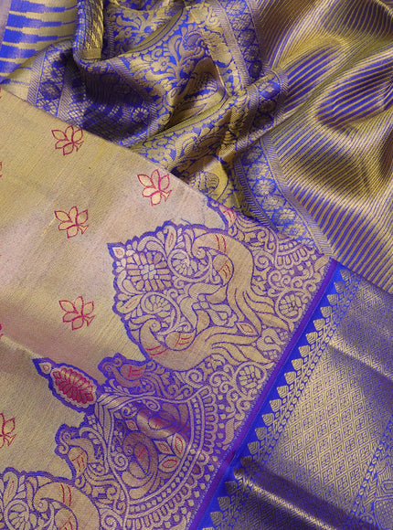 Pure kanchipuram tissue silk saree gold and blue with allover zari woven brocade weaves and rich zari woven border & embroidery work blouse