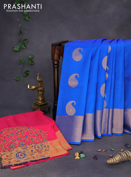 Pure kanchipuram silk saree blue and pink with paisley zari woven buttas and zari woven border & embroidery work blouse